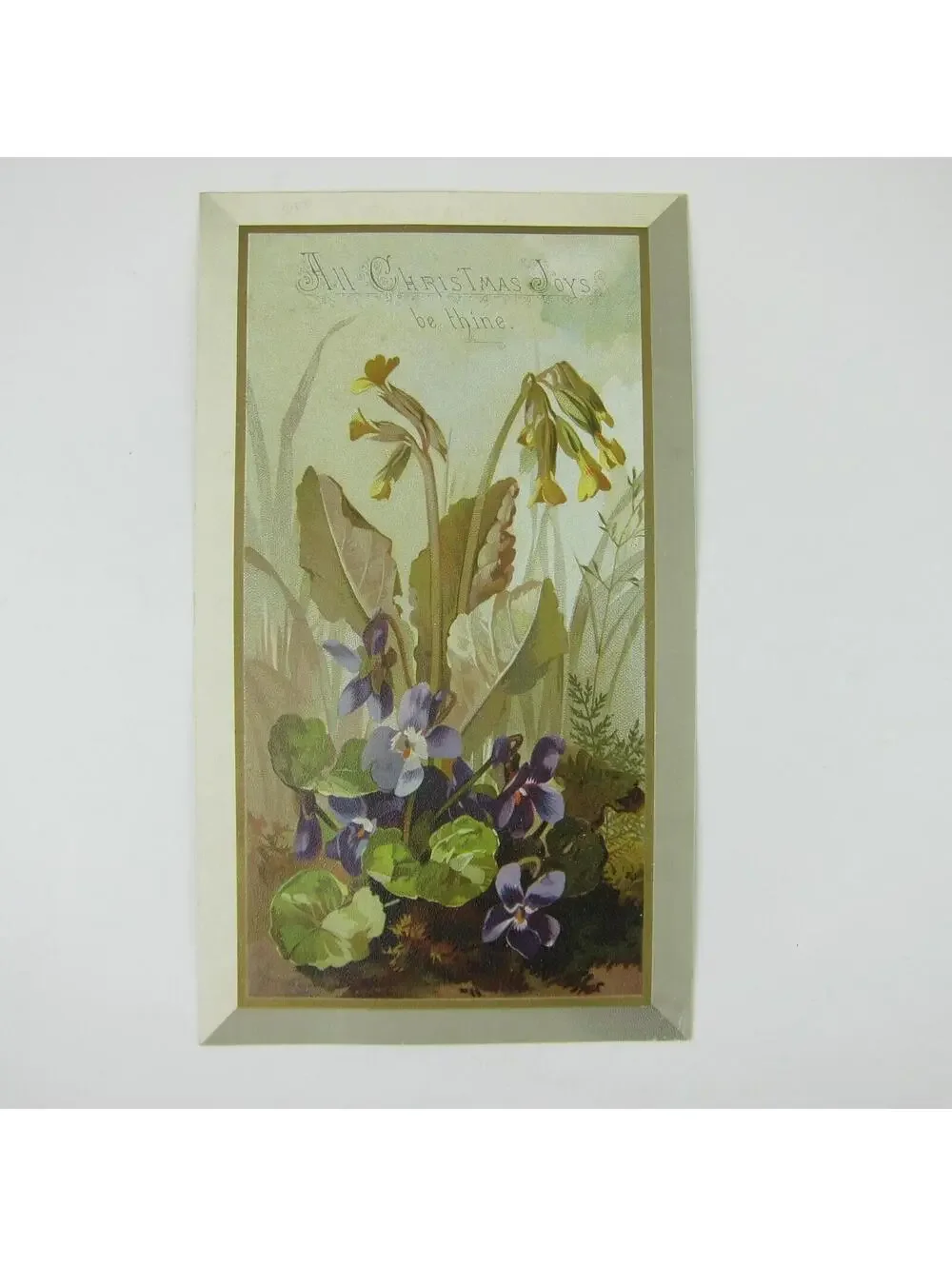 Victorian Christmas Card Flowers Violets Purple Green Leaves Girl Bonnet Antique